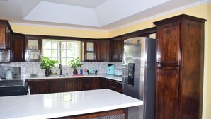 A modern kitchen with dark wood cabinets, a stainless steel refrigerator, and a marble countertop. - New construction spacious villa with beautiful sunset view quick ride to beach!  (Fountain, Saint Vincent and The Grenadines)