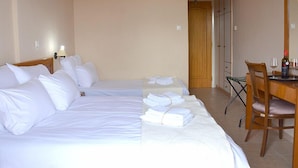 Habitación de hotel con dos camas individuales, un escritorio con silla, un espejo y una botella de vino.