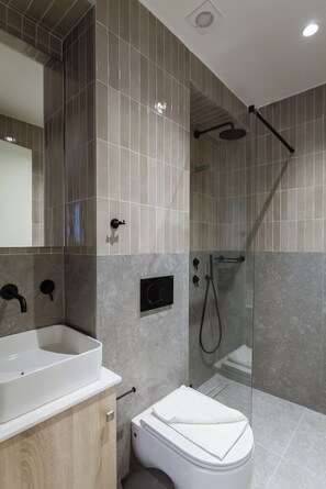 Shower, hair dryer, towels, toilet paper