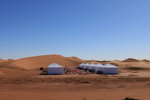 A desert landscape with white tents arranged in a row, surrounded by sand dunes. - Luxury Berber Camp (M'Hamid El Ghizlane)