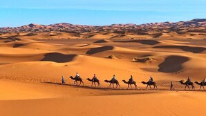 Paisaje desértico con dunas de arena y una caravana de camellos con jinetes.