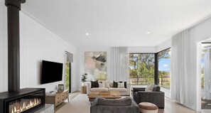 Televisión, chimenea y oficina 