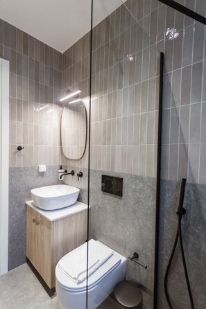 Douche, sèche-cheveux, serviettes fournies, papier toilette