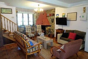 Télévision, cheminée, lecteur de DVD, médiathèque