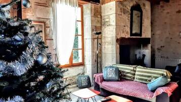 Una televisión, una chimenea, un reproductor de DVD, libros