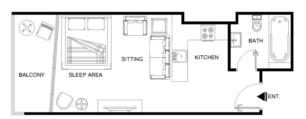 A floor plan with a balcony, sitting area, sleep area, kitchen, and bathroom.
