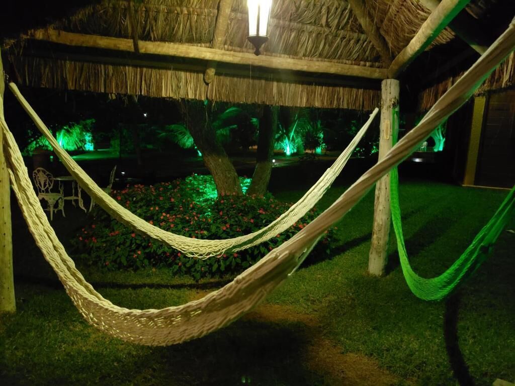 A hammock under a thatched roof structure with a garden and green lighting in the background.