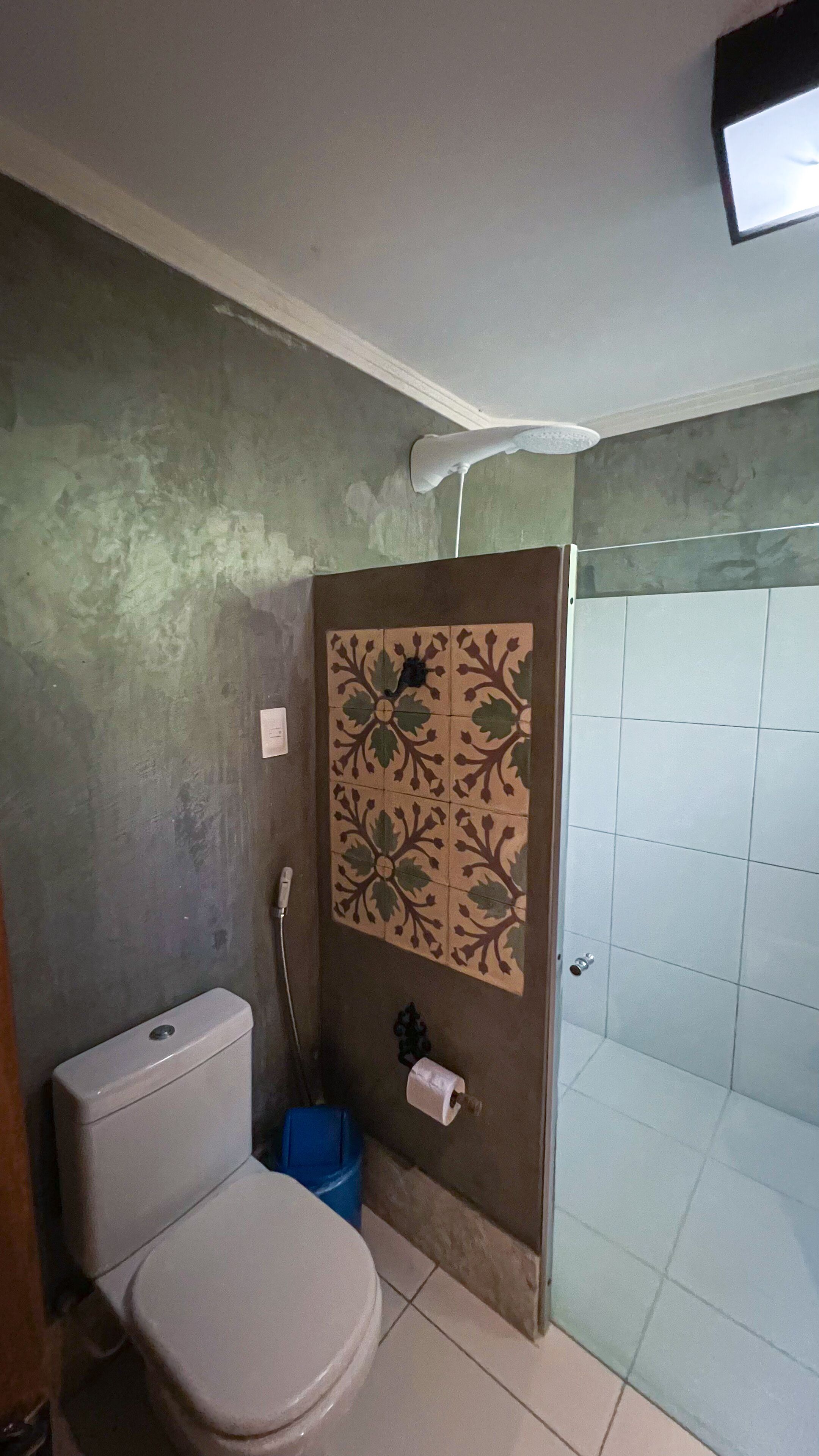 A bathroom with a toilet, a shower, and a decorative panel.