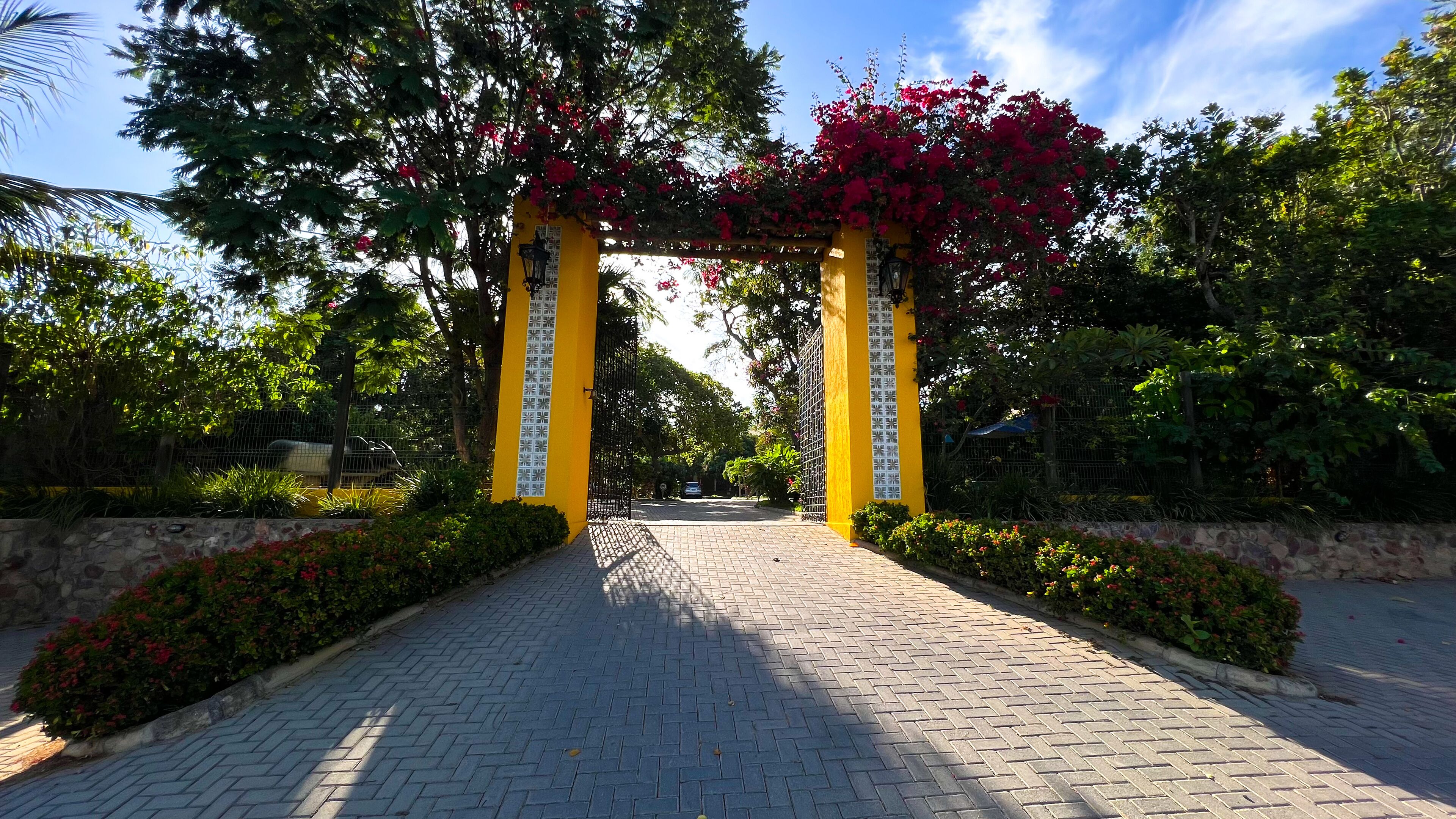 Un chemin pavé mène à une arche jaune ornée de motifs floraux, entourée de verdure et d’un mur de pierres.