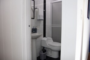 Bathroom features a sink, toilet, and trash bin, with a mirror above the sink.