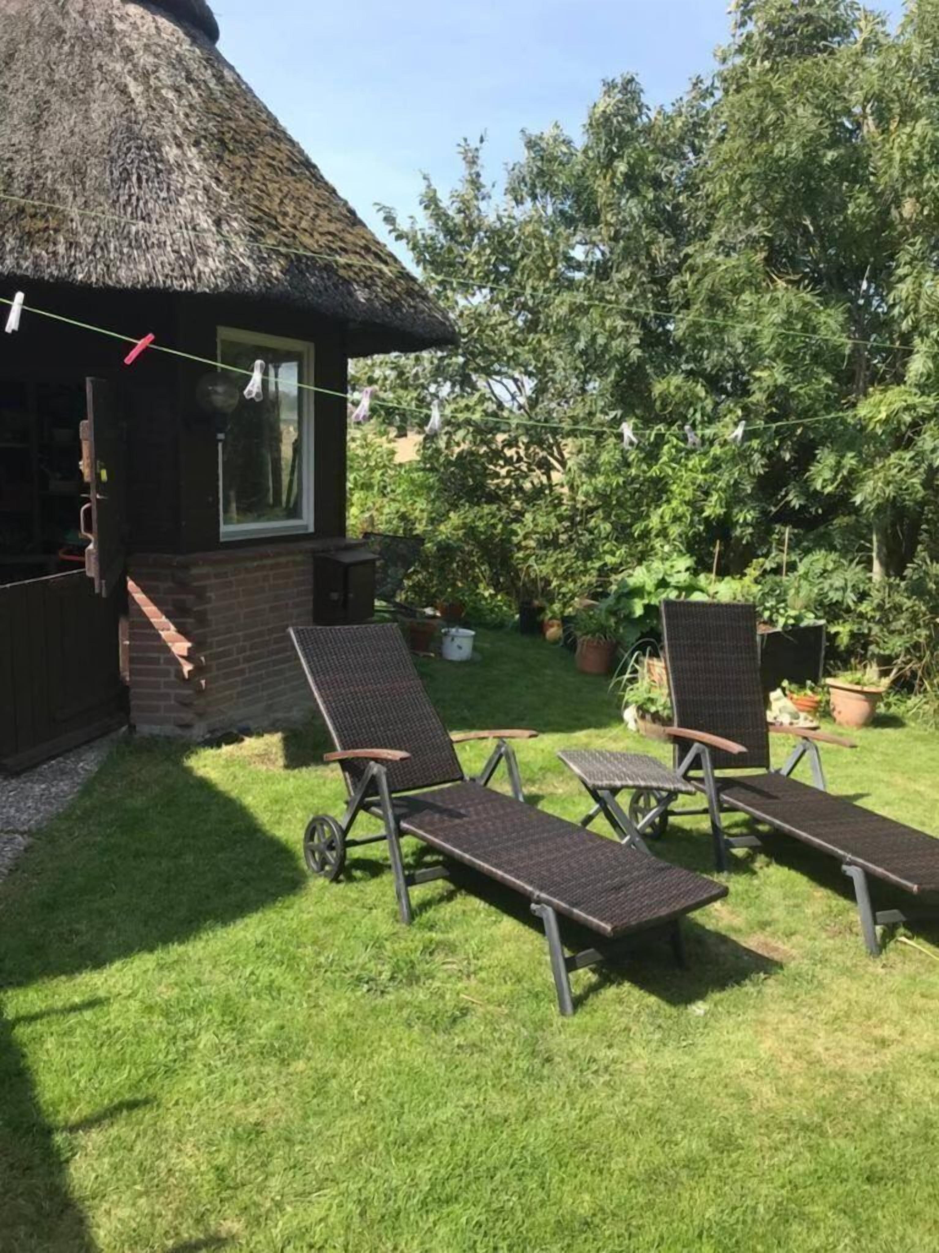 A thatched-roof cottage with a small window and a door, two wicker lounge chairs, and a grassy yard with potted plants.