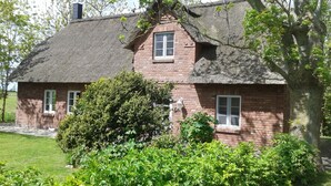 Een klassiek huis met bakstenen muren en rieten dak, omgeven door weelderige begroeiing en bomen.