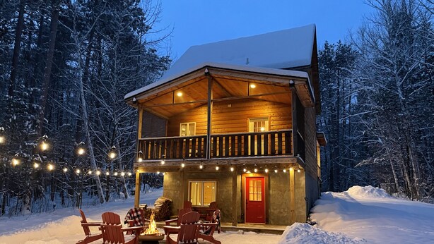 Eine zweistöckige Holzhütte mit Feuerstelle und Sitzgelegenheit, umgeben von schneebedeckten Bäumen.