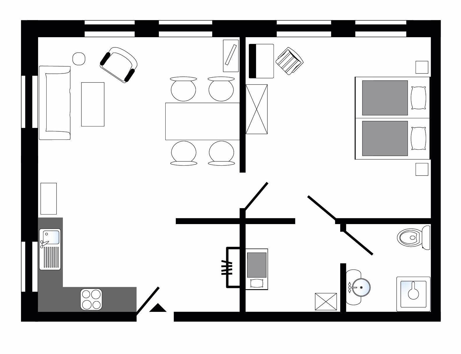 A floor plan with a kitchen, dining area, two bedrooms, and a bathroom.