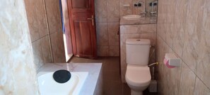 Regadera, toallas, jabón, papel de baño