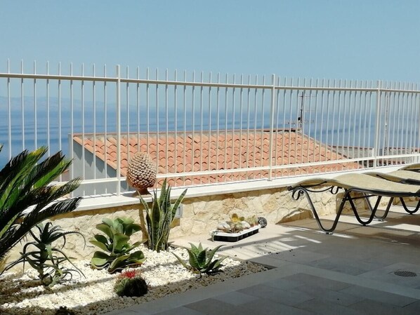 A balcony with a white metal railing, a small table, and various plants.