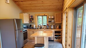 A compact kitchen with wooden cabinets, a stainless steel refrigerator, a microwave, and a sink. - Cabin getaway on the Menominee River  (Wallace)