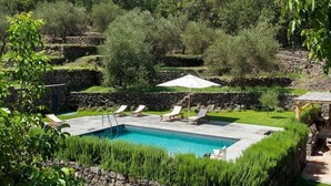 A swimming pool with lounge chairs and an umbrella, surrounded by stone walls and greenery.