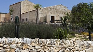 A stone building with a flat roof, surrounded by a variety of plants and a stone wall in the foreground. - Ragusa Apartments (Blu) - apartment near Ragusa (Ragusa)
