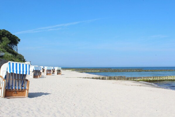 Relax on the beach with comfortable chairs and shaded umbrellas.
