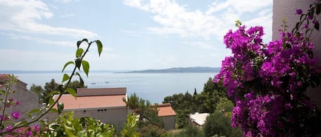 A balcony with a view of the sea and buildings, surrounded by greenery and purple flowers.