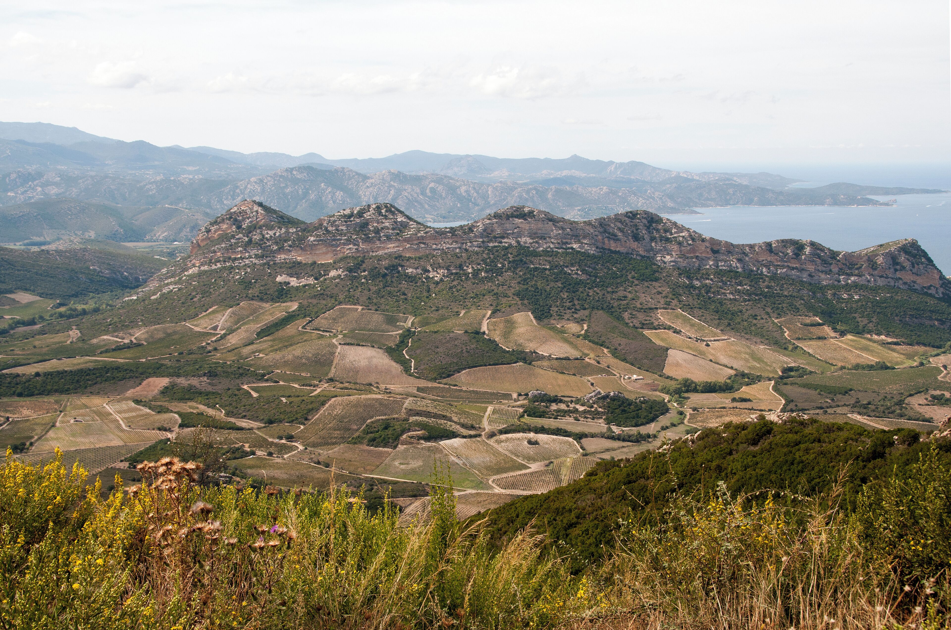 A panoramic view of a mountainous landscape with terraced fields and a body of water in the distance.