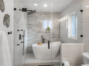 Shower, hair dryer, towels