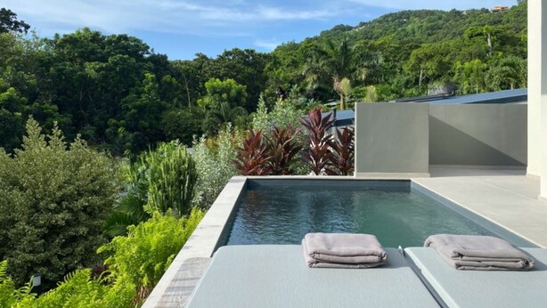 A modern outdoor pool with lounge chairs and towels, surrounded by lush greenery and a view of a hill. - Villa Lune de Miel "champagne" Deshaies (Deshaies)