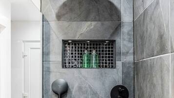 Hair dryer, towels, soap, shampoo