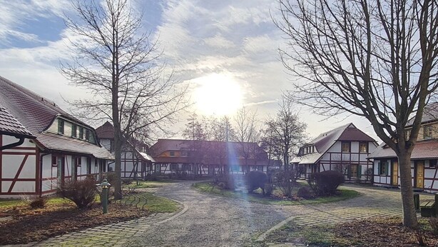 Un camino adoquinado que lleva a una hilera de casas tradicionales con entramado de madera, bajo un cielo despejado y luz solar.