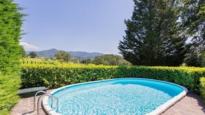 Une piscine extérieure dotée d’une terrasse en pierre, entourée de haies et d’arbres bien entretenus, avec un paysage montagneux en toile de fond.