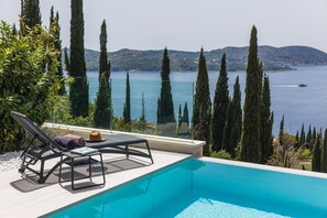 A poolside area with a lounge chair, towels, and a view of a lake with tall trees and distant hills. - Villa Radenka, Private villa with pool in Dalmatia (Zaton Mali)