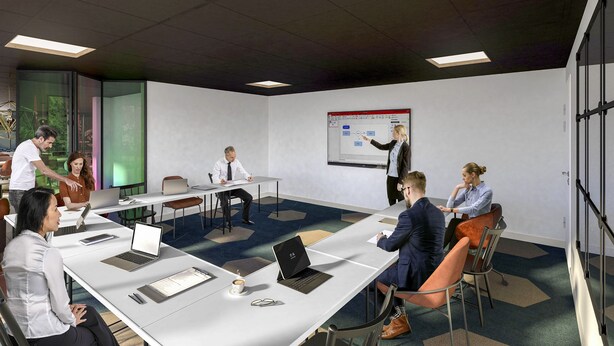 A modern meeting room with white tables, laptops, and a presentation screen. - Greet Hotel Brest Aéroport (Guipavas)