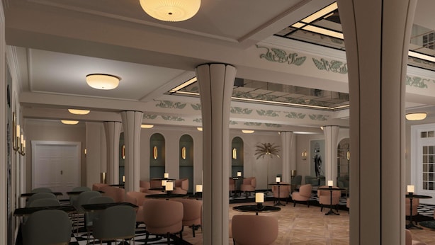 A hotel lobby with a central seating area, multiple tables, and a patterned floor. - Sanssouci Hotel & Spa Karpacz Mgallery Collection (Karpacz)
