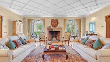 Televisión, chimenea y estéreo