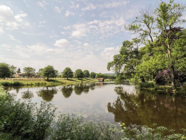 A serene lakeside setting with a wooden dock extending into the water, surrounded by lush greenery and trees. - The Stables (Dumfries)