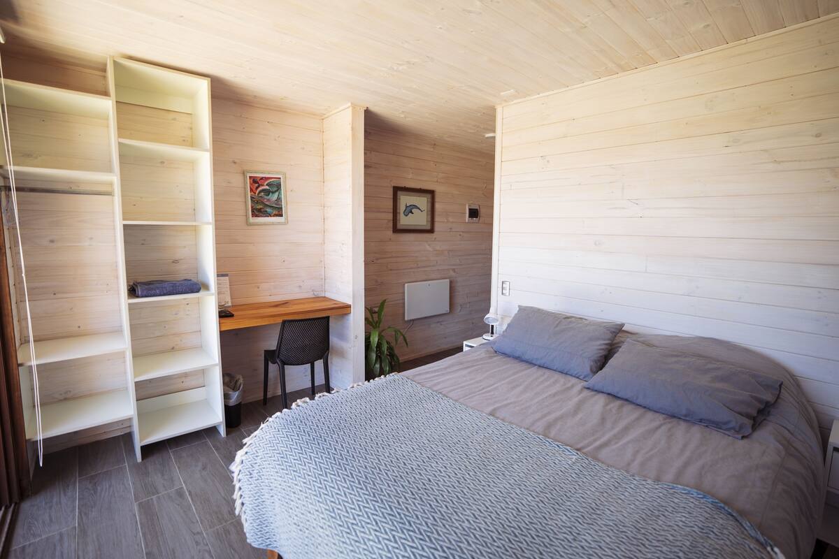 A bedroom with a bed, a desk, and a shelving unit.