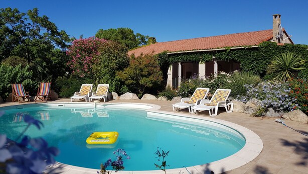 Una piscina amb gandules, un flotador groc i vegetació al voltant.