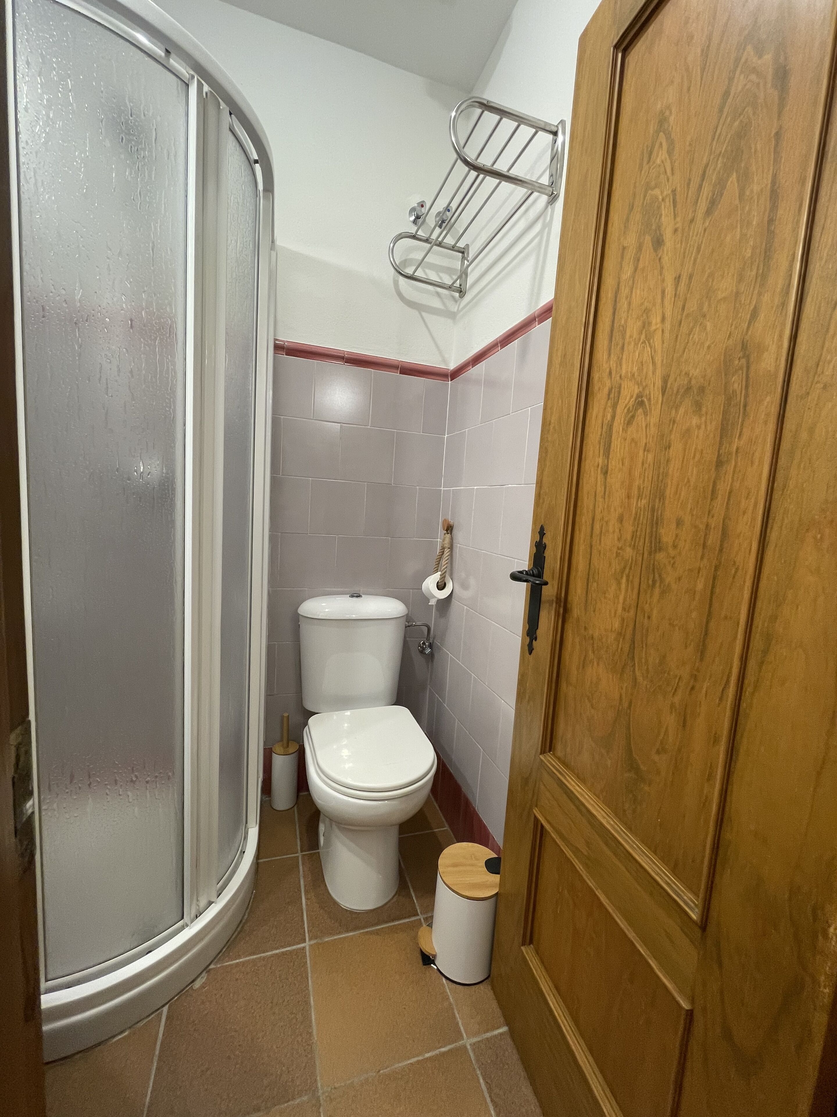Baño con ducha, inodoro y puerta de madera.