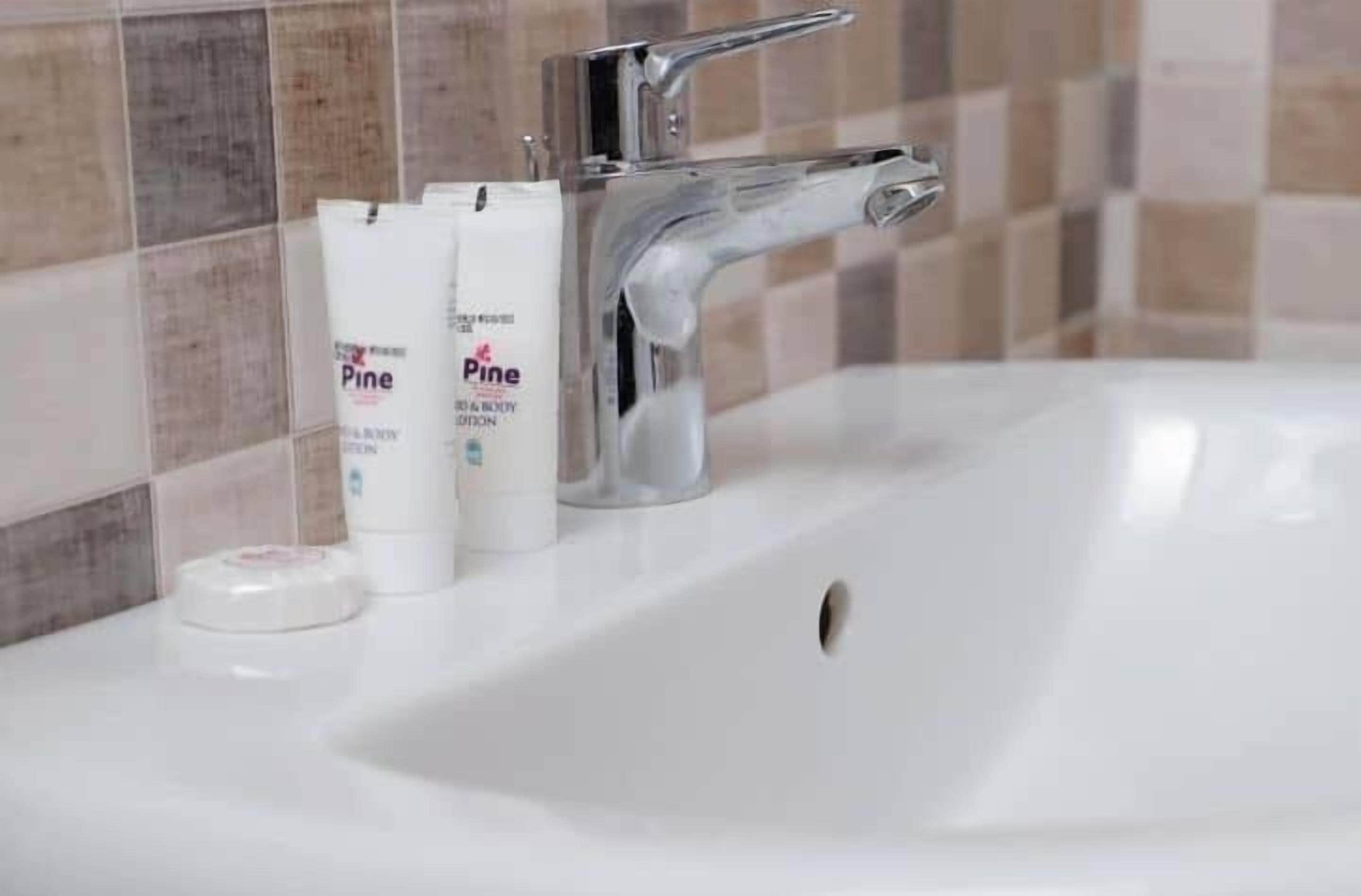 A bathroom sink with a chrome faucet and two Pine brand toiletries.