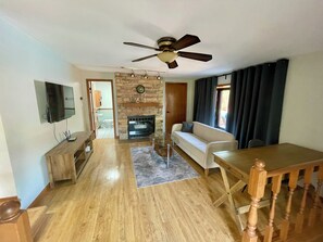 Smart TV, fireplace, books