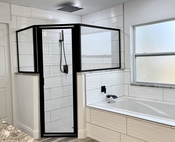 Hair dryer, towels, soap, shampoo