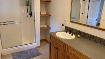 Hair dryer, towels, soap, shampoo