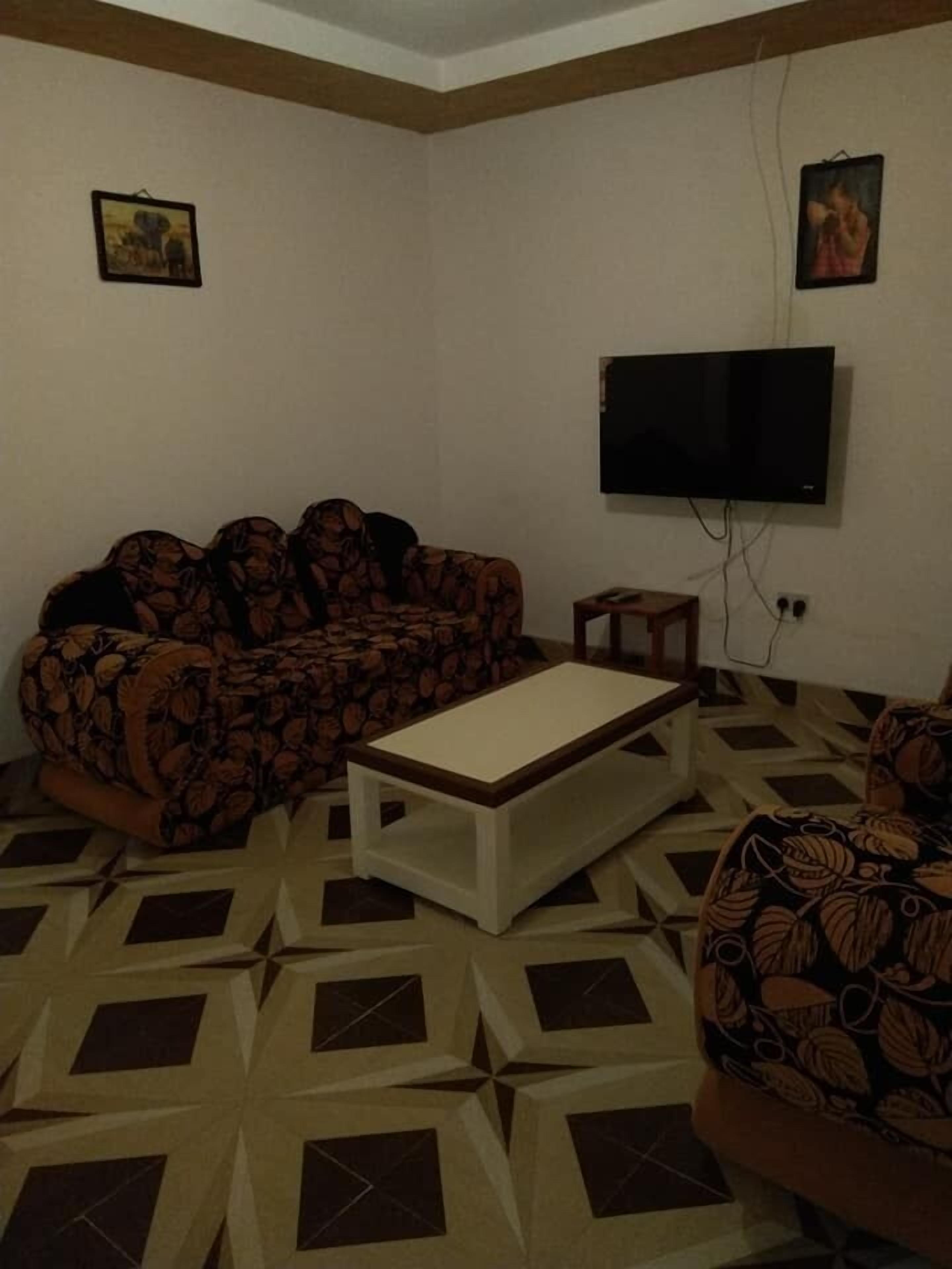 Un soggiorno con divano, tavolino, televisione e pavimento decorato.