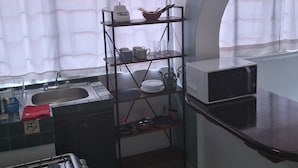 Une cuisine équipée d’une cuisinière à gaz, d’un four à micro-ondes, d’un évier et d’une étagère où sont rangés la vaisselle.