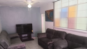 Un salon avec un téléviseur à écran plat posé sur un meuble, deux canapés, un ventilateur de plafond et une fenêtre donnant sur un immeuble.