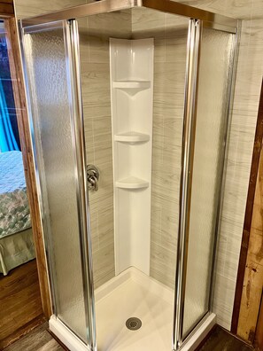 Shower, towels, soap, toilet paper