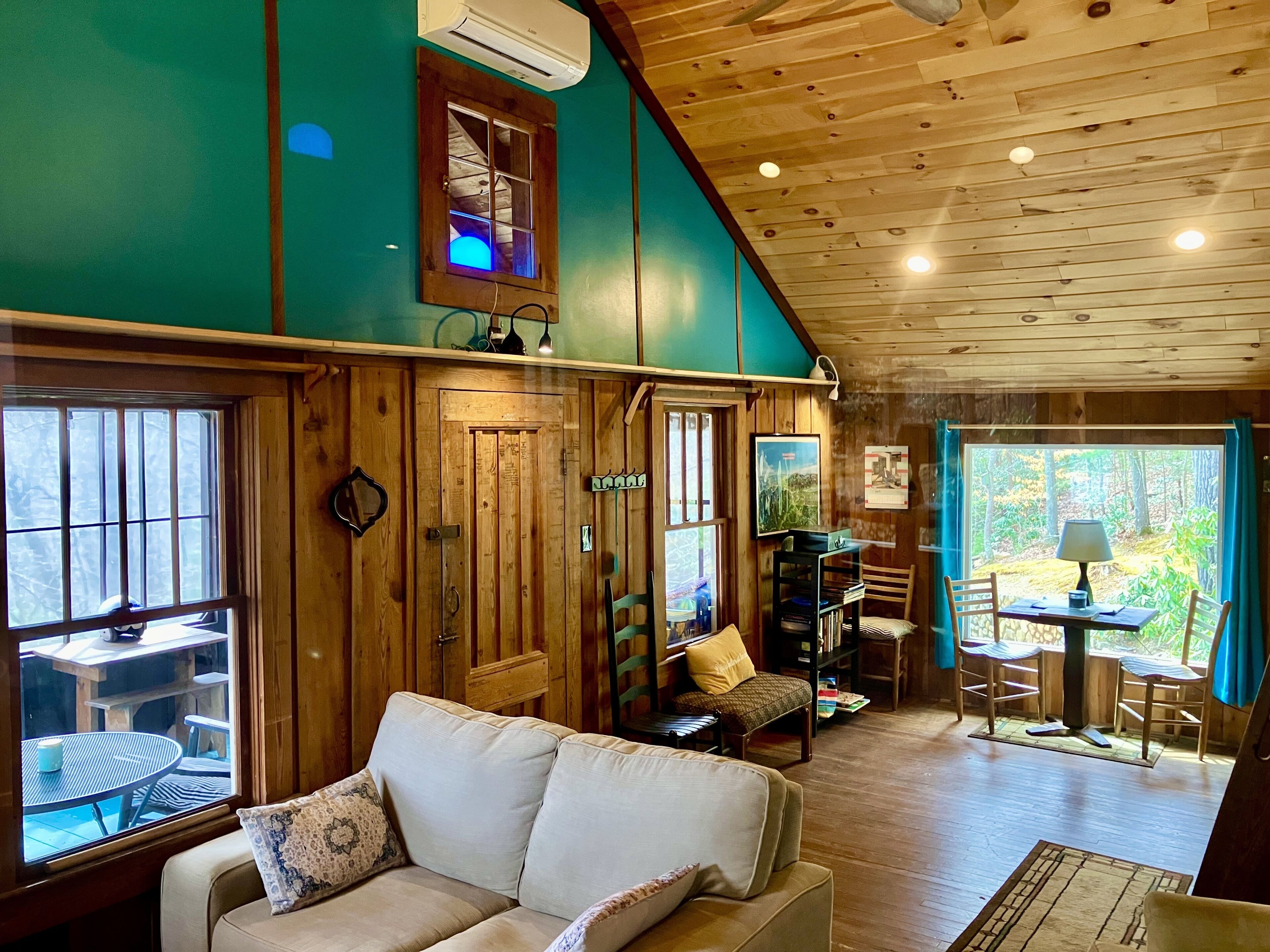 Fireplace, video games, books, music library