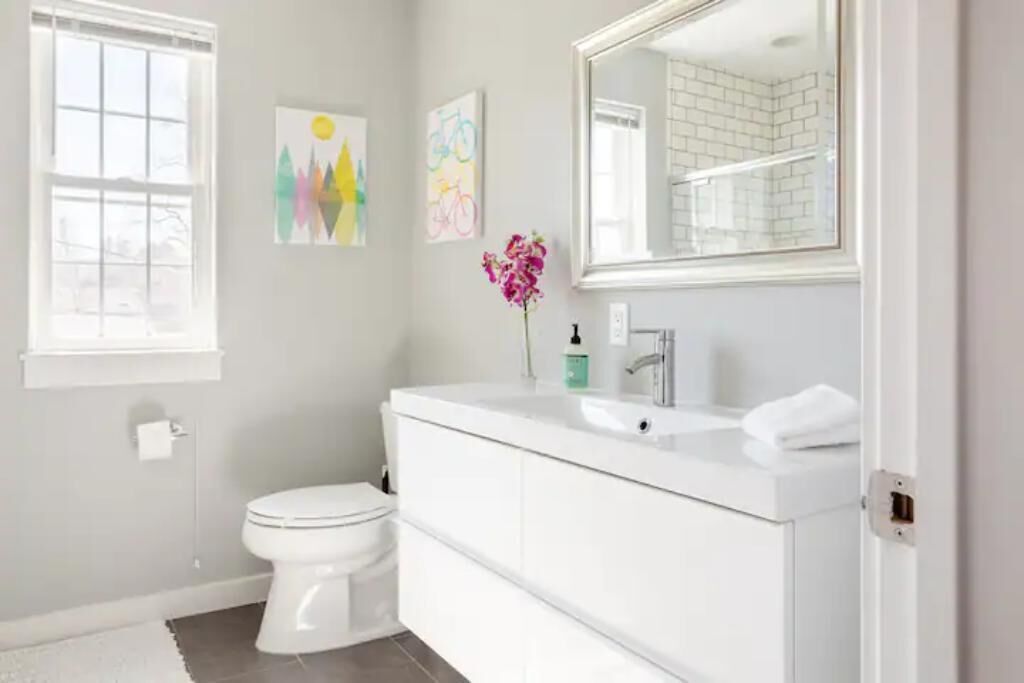 A bathroom with a white toilet, a white vanity, and a mirror above the vanity. There are two wall-mounted artworks and a potted plant on the vanity.