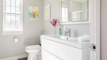 A bathroom with a white toilet, a white vanity, and a mirror above the vanity. There are two wall-mounted artworks and a potted plant on the vanity.